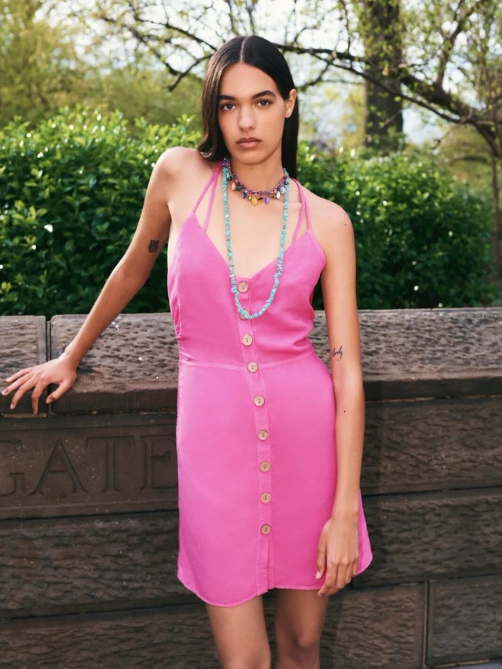 Zara Pink Spaghetti Strap Button-Front Dress